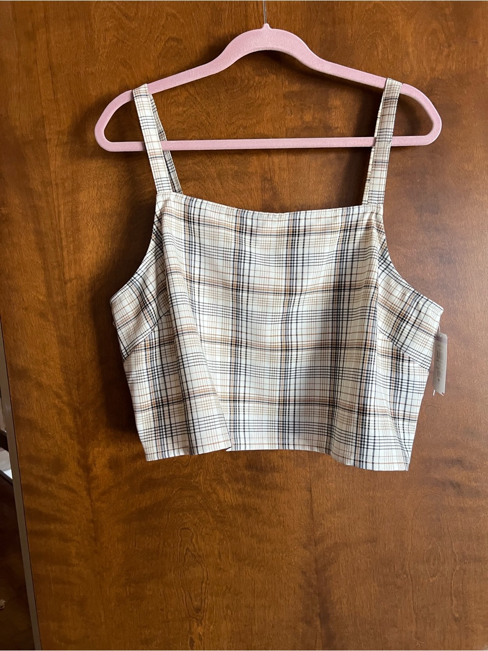 bp Plaid Square Neck Crop Tank Top - Beige & Black